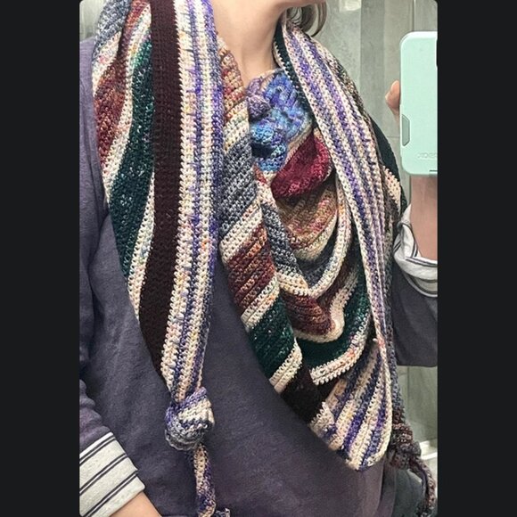 NEW Lg Shawl Earthy & Warm Oversized Stripes Multicolor Merino Wool Wrap Crochet - Picture 2 of 4